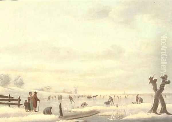 A winter landscape with skaters on a frozen river, a windmill and a town beyond - view 1
