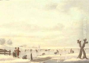 A winter landscape with skaters on a frozen river, a windmill and a town beyond by Andries Vermeulen
