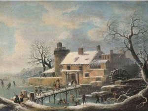 A winter landscape with skaters on frozen water and travellers on a bridge, a village with a watermill nearby