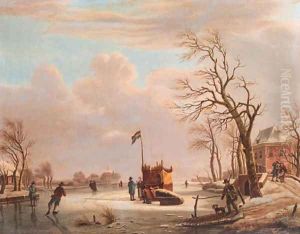 Skaters and other townsfolk on a frozen river by a country mansion