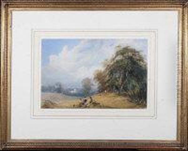 Three Children In A Field With A Town - Probably Hexham - In The Distance - view 1