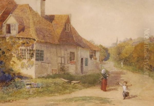 Woman And Child Outside A Country Cottage - view 1