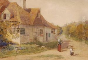 Woman And Child Outside A Country Cottage Woman And Child Outside A Country Cottage