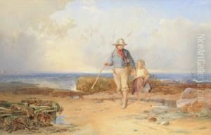 Coastal Scene At Low Tide With A Young Boy And Girl by John Henry Mole
