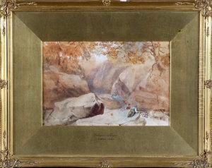 "salmon Traps" - Two Men Fishing In A Rocky River Gorge. by John Henry Mole