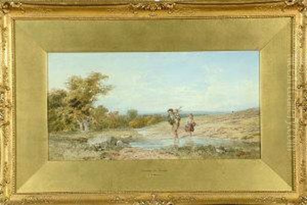 Three Children Fording A Stream - view 1