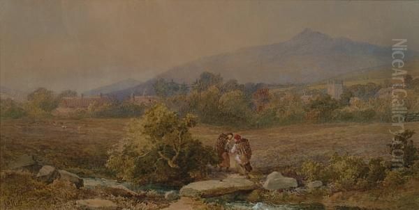 Belstone - Figures Crossing A Stone Footbridge - view 1