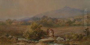 Belstone - Figures Crossing A Stone Footbridge by John Henry Mole