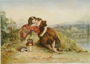 A Young Girl Resting Beside A River With A Landscape Beyond by John Henry Mole