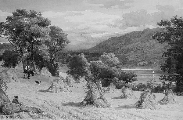 Riding Through The Harvest Field With Lake And Mountains Beyond by John Henry Mole
