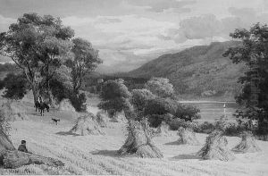 Riding Through The Harvest Field With Lake And Mountains Beyond by John Henry Mole