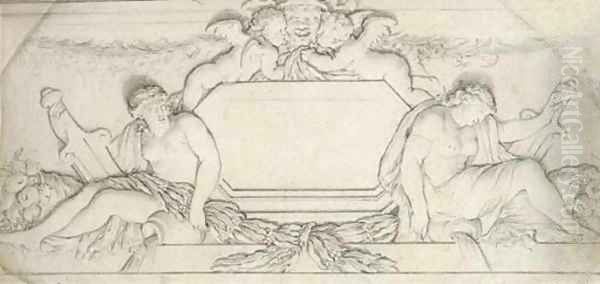 Two seated female figures flanking a blank cartouche Design for an overdoor - view 1