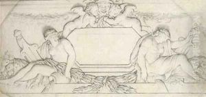 Two seated female figures flanking a blank cartouche Design for an overdoor by Simon Vouet