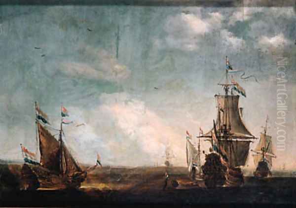 A calm an Amsterdam man-of-war with a state yacht at sea, other shipping nearby - view 1