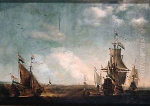 A calm an Amsterdam man-of-war with a state yacht at sea, other shipping nearby by Willem van de Velde the Younger