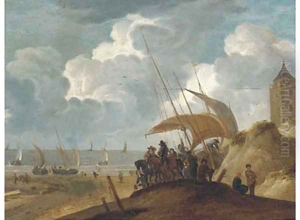 A coastal landscape with peasants and gentlemen on a beach by a boat - view 1