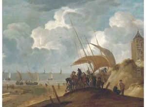 A coastal landscape with peasants and gentlemen on a beach by a boat by Willem van de Velde the Younger