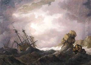 An English threemaster foundering in a gale off a rocky coast by Willem van de Velde the Younger