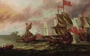 British men-o'-war in choppy waters by Willem van de Velde the Younger