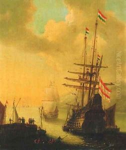 A Dutch man-o'-war departing a harbour by Willem van de Velde the Younger