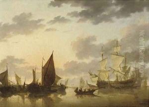 A Dutch three-master and other shipping in a calm by Willem van de Velde the Younger
