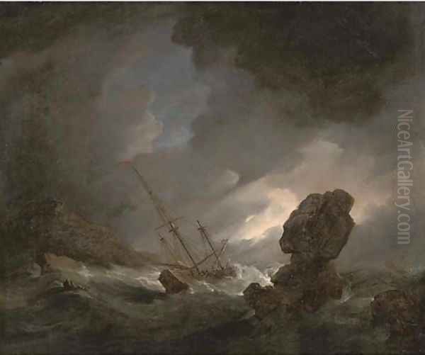 A shipwrecked man'o-war in stormy seas off a rocky coast, survivors in the foreground - view 1