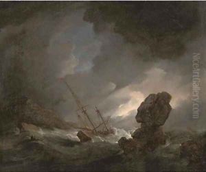 A shipwrecked man'o-war in stormy seas off a rocky coast, survivors in the foreground by Willem van de Velde the Younger