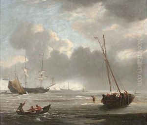 Two Dutch men-o'war anchored offshore amidst small craft