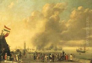 A fortified harbor with merchants and soldiers in the foreground, a naval battle beyond