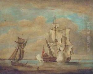 A man-o'-war firing a salute in a calm by Willem van de Velde the Younger