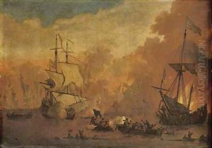 A man-o'-war firing at a sinking ship, smallschips exchanging fire from close range by Willem van de Velde the Younger
