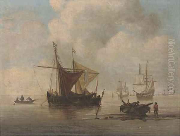 A Smalschip at anchor with a Kaag alongside a Weyschuit ashore - view 1
