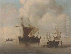 A Smalschip at anchor with a Kaag alongside a Weyschuit ashore by Willem van de Velde the Younger