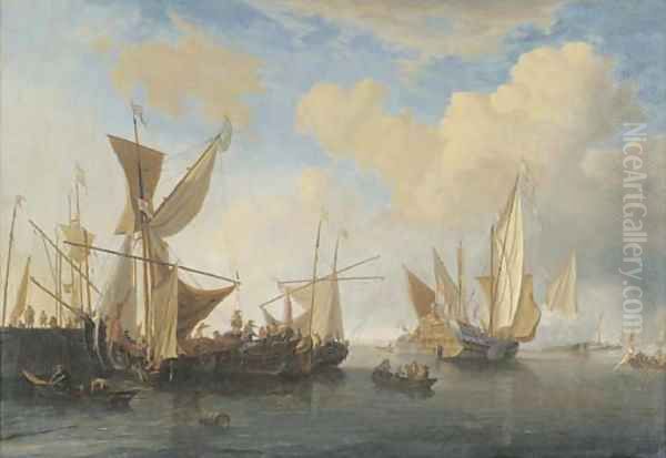 A wijdschip and a smalschip lying at a pierhead, a States Yacht leaving - view 1