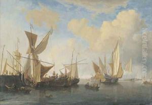 A wijdschip and a smalschip lying at a pierhead, a States Yacht leaving