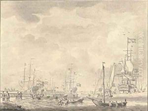 The Dutch fleet at anchor with sailors loading supplies at a jetty by Willem van de Velde the Younger