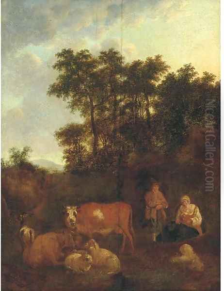 A pastoral landscape with a shepherd at rest with cattle and sheep - view 1