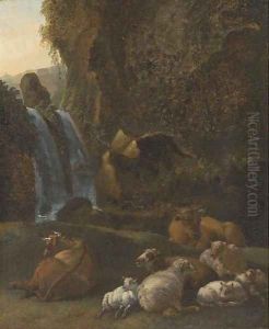 A rocky river landscape with sheep and cattle by Adriaen Van De Velde