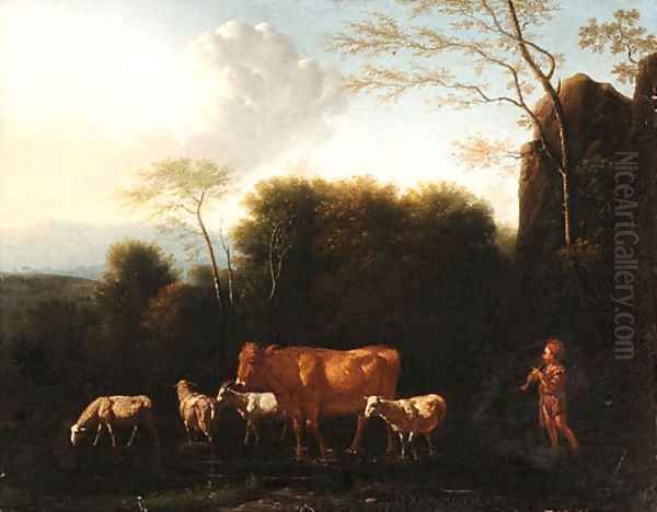 A Shepherd and Livestock fording a Stream - view 1