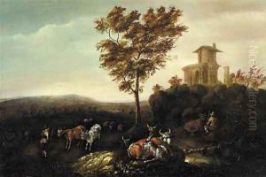 Cowherds by a classical ruin, in an Italianate landscape by Adriaen Van De Velde