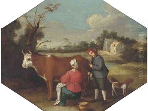 A milkmaid milking a cow with a farmhand in a landscape by Adriaen Van De Velde