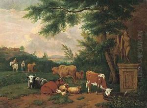 A wooded landscape with cattle and sheep resting by a fountain by Adriaen Van De Velde