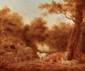 A wooded landscape with cattle and sheep resting, figures nearby by Adriaen Van De Velde