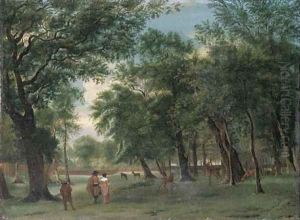 An elegant couple walking in a deer park by Adriaen Van De Velde