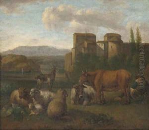 A landscape with a shepherd and his flock near a town
