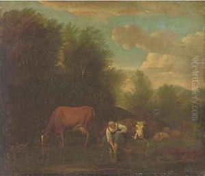 A landscape with a woman bathing at a river with cattle by Adriaen Van De Velde