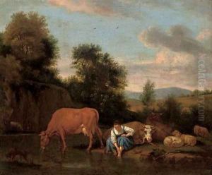 A wooded river landscape with a shepherdess washing her feet, cattle beyond