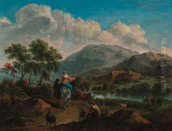 An extensive river landscape with drovers on a path - view 1