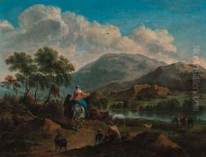An extensive river landscape with drovers on a path by Adriaen Van De Velde