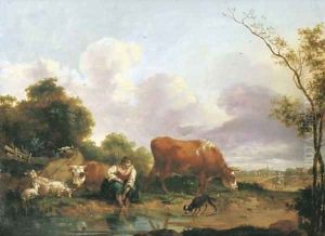An open landscape with a shepherdess washing her feet by a brook